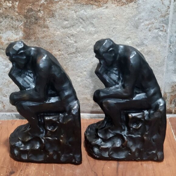 Vintage Bronze The Thinker Sculpture Bookend Set of 2 - Picture 7 of 13